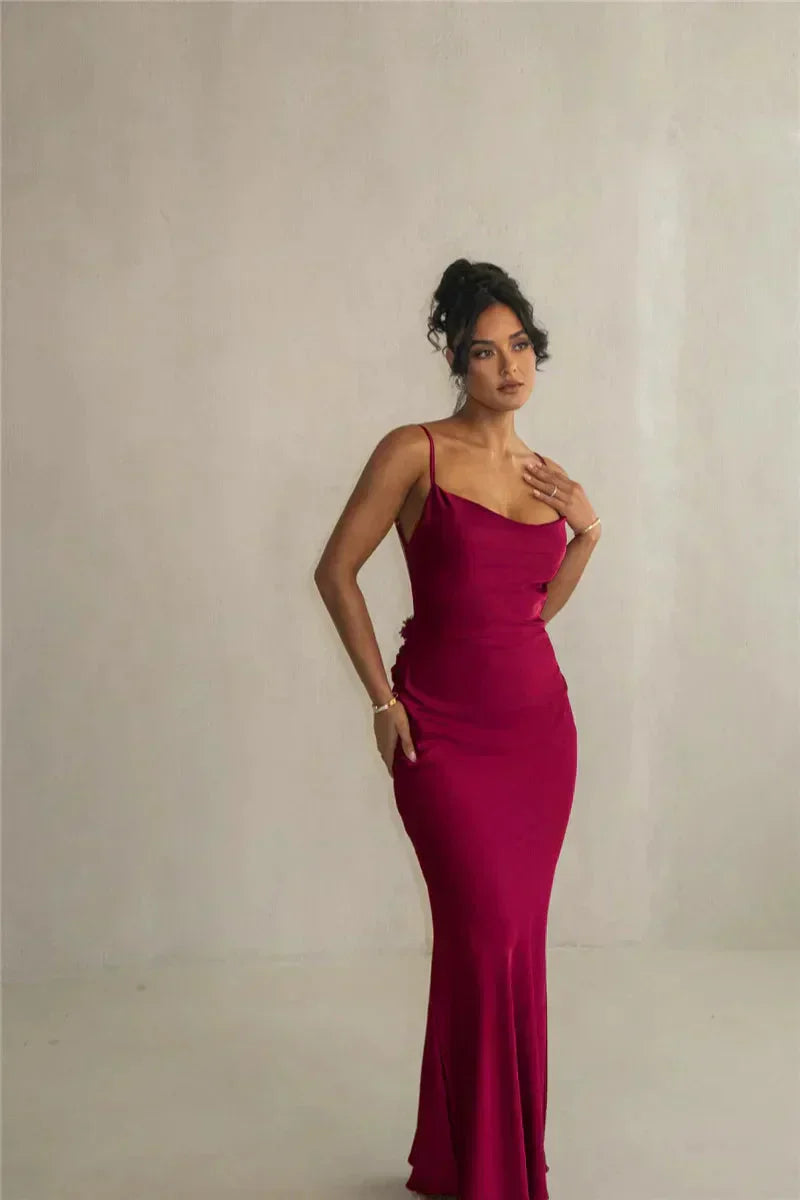 Vestido largo de novia de satén con estampado floral en patchwork para mujer