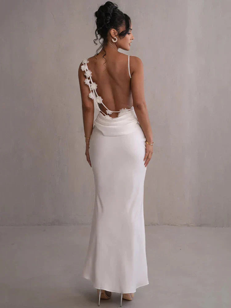Vestido largo de novia de satén con estampado floral en patchwork para mujer