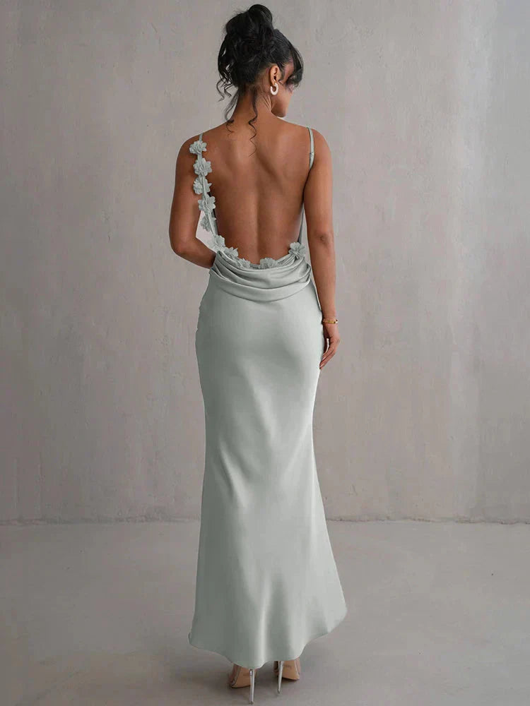 Vestido largo de novia de satén con estampado floral en patchwork para mujer