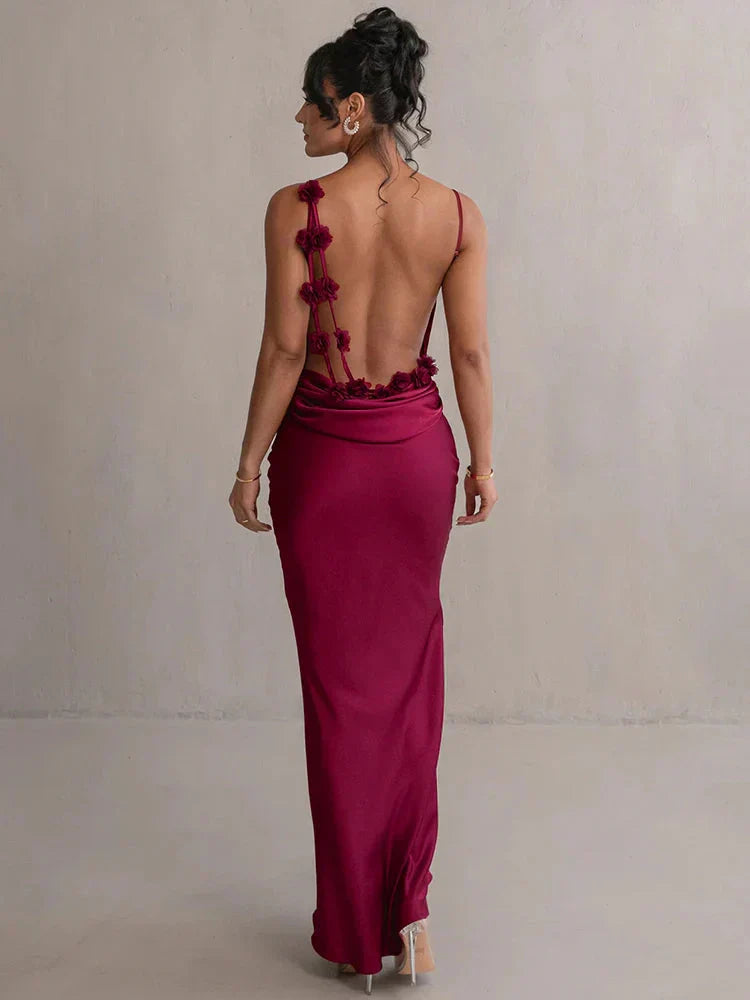 Vestido largo de novia de satén con estampado floral en patchwork para mujer