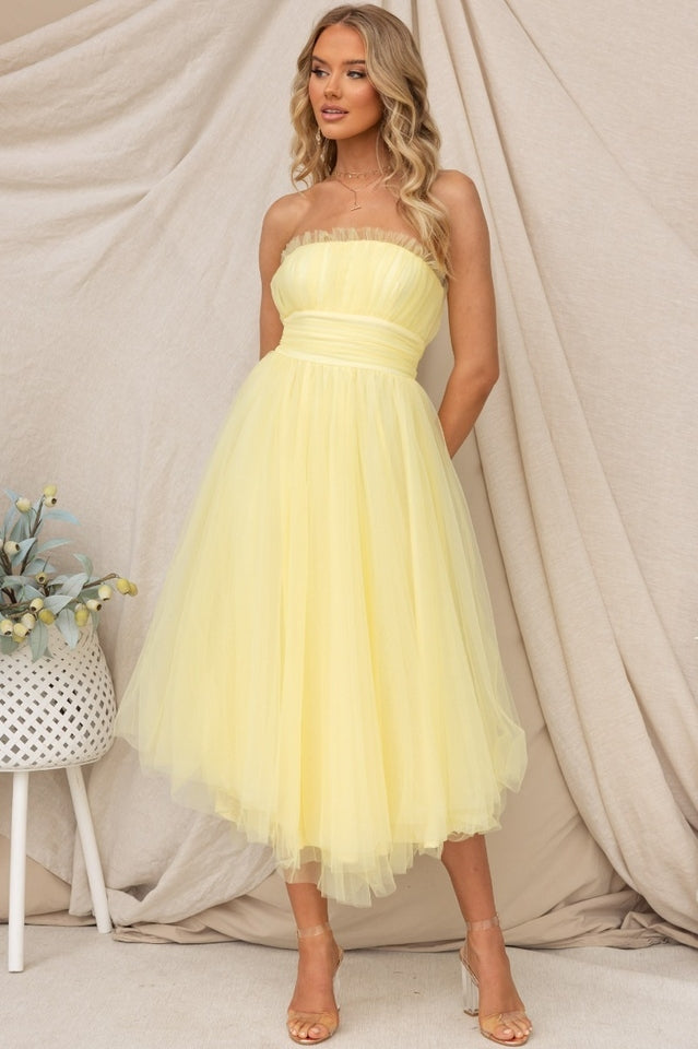 Vestido midi de tul sin tirantes para mujer