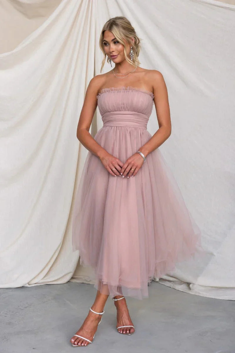 Vestido midi de tul sin tirantes para mujer