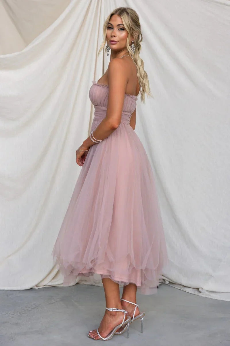 Vestido midi de tul sin tirantes para mujer