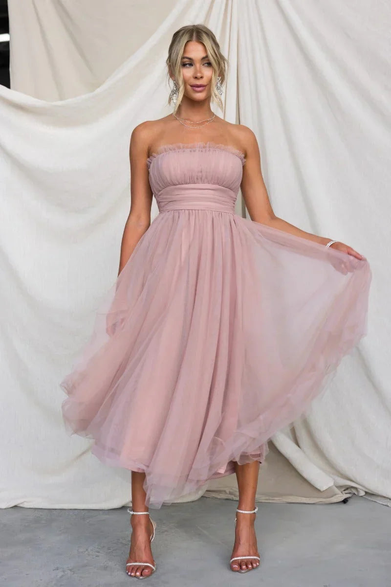 Vestido midi de tul sin tirantes para mujer