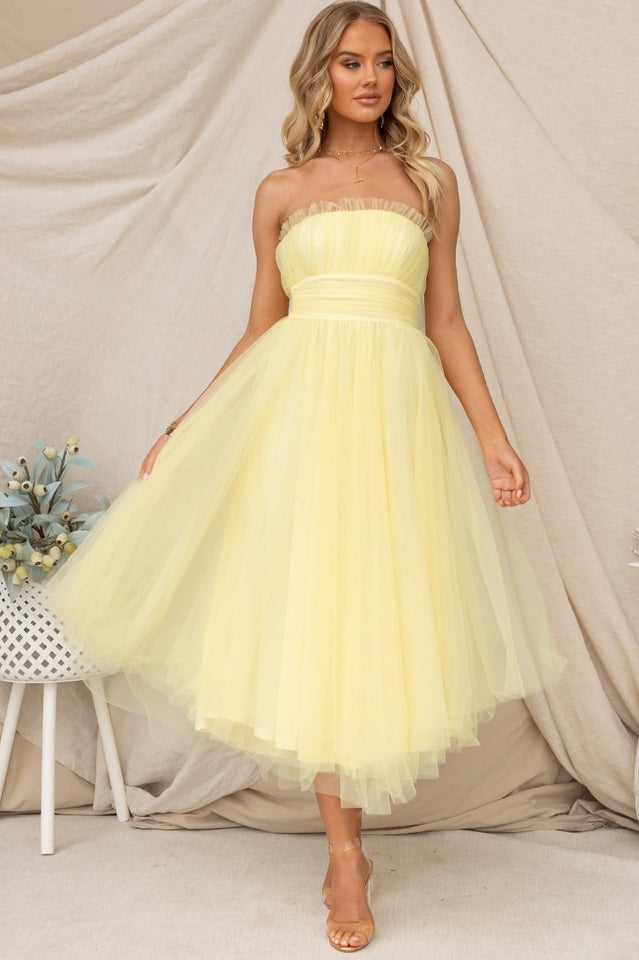Vestido midi de tul sin tirantes para mujer