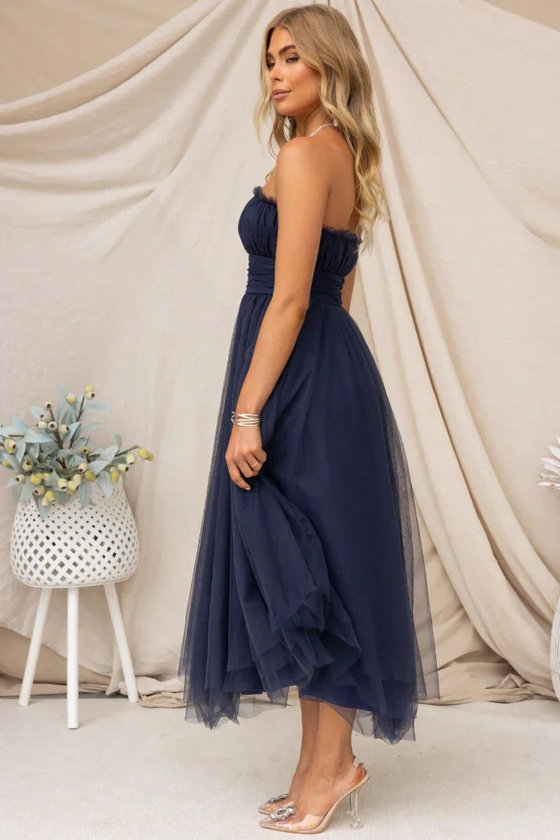 Vestido midi de tul sin tirantes para mujer