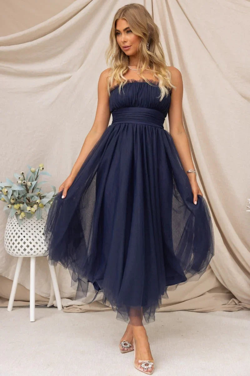 Vestido midi de tul sin tirantes para mujer