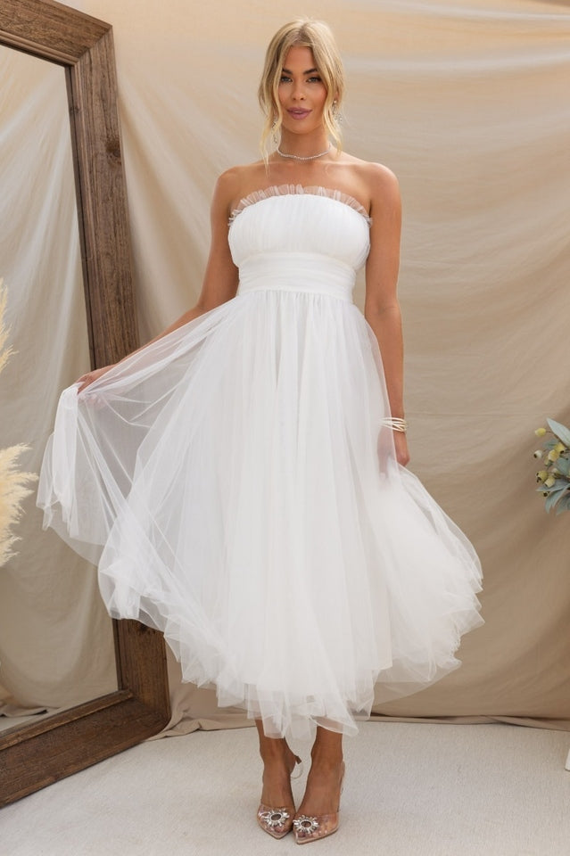 Vestido midi de tul sin tirantes para mujer