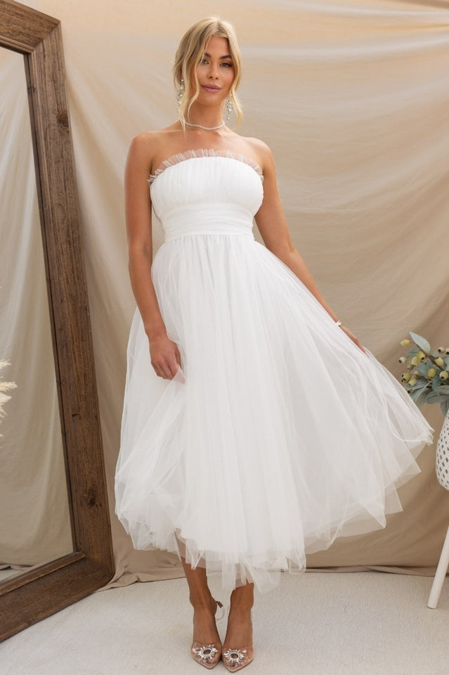 Vestido midi de tul sin tirantes para mujer