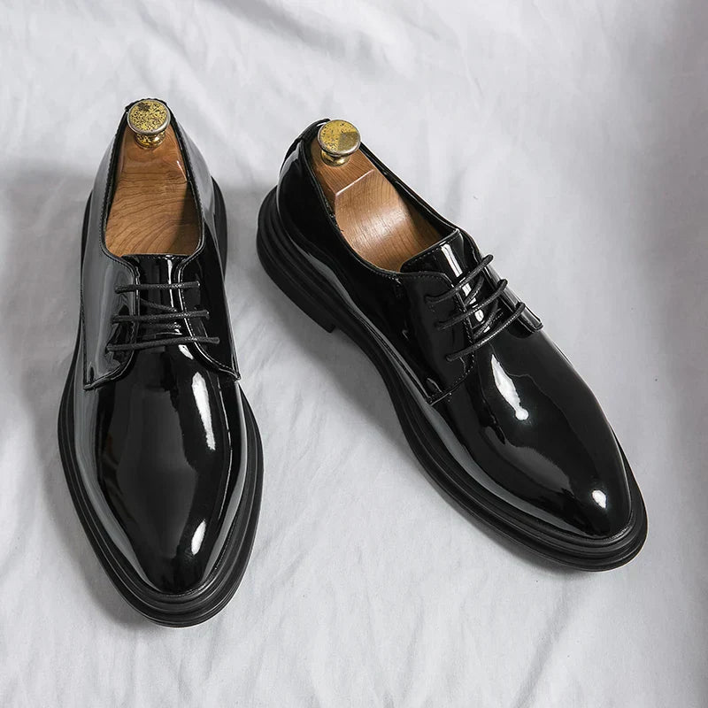 Men’s Black Derby Lace-Up Shoes with High-Gloss Finish - Klyne Studios