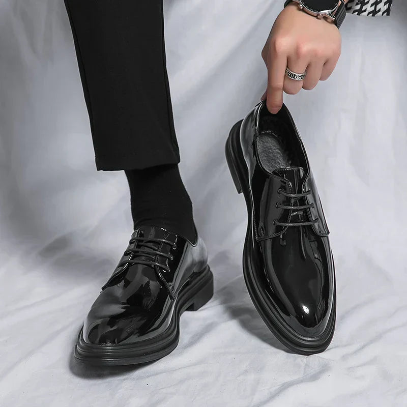 Men’s Black Derby Lace-Up Shoes with High-Gloss Finish - Klyne Studios