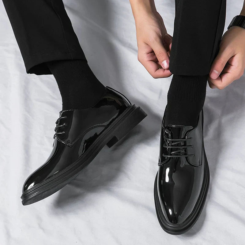 Men’s Black Derby Lace-Up Shoes with High-Gloss Finish - Klyne Studios