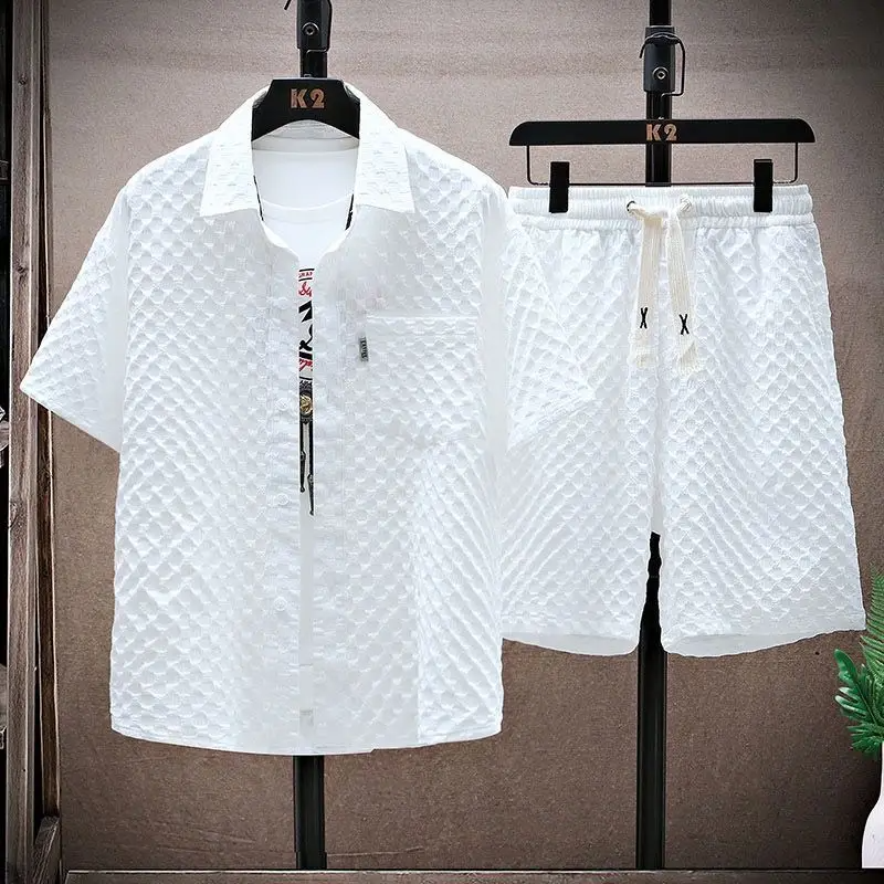 Conjunto de camisa y pantalones cortos con textura jacquard para hombre