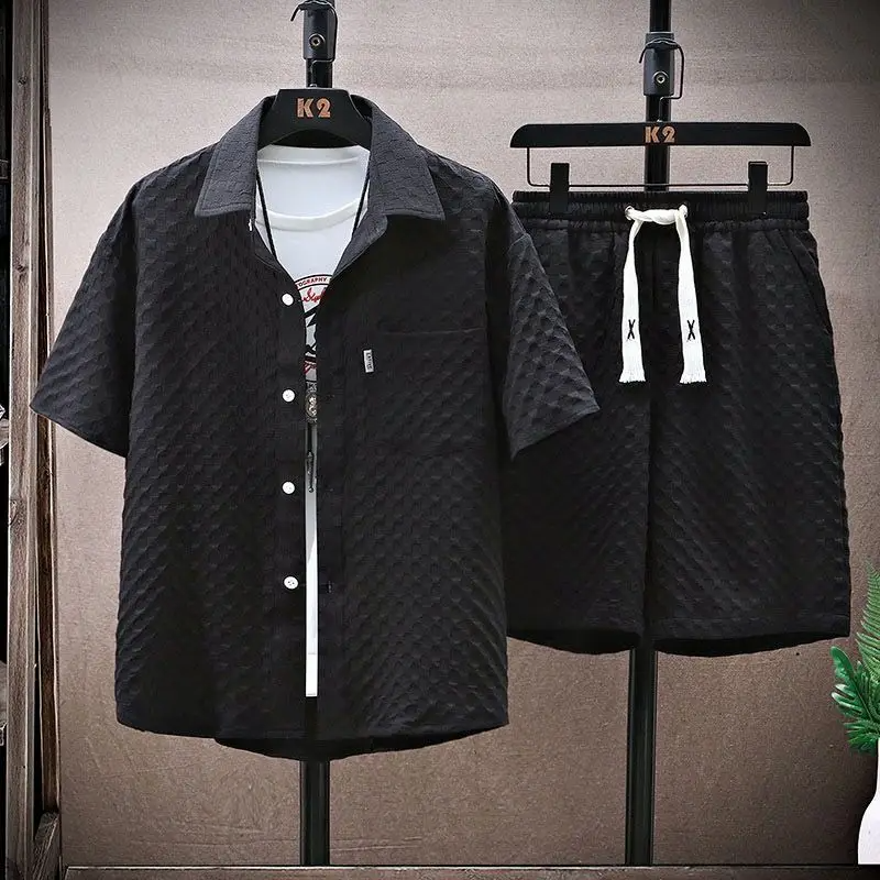 Conjunto de camisa y pantalones cortos con textura jacquard para hombre