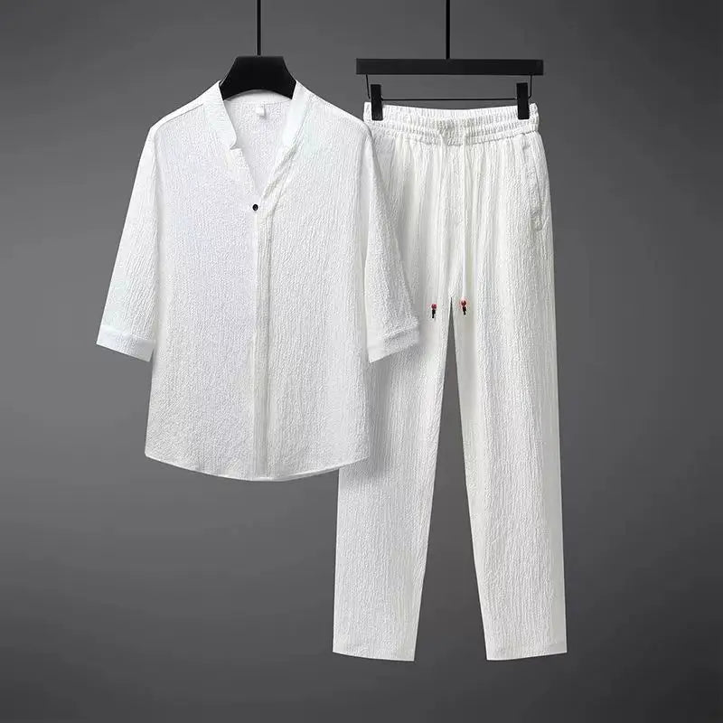 Conjunto de dos piezas de lino para hombre: camisa y pantalón, estilo desenfadado de verano