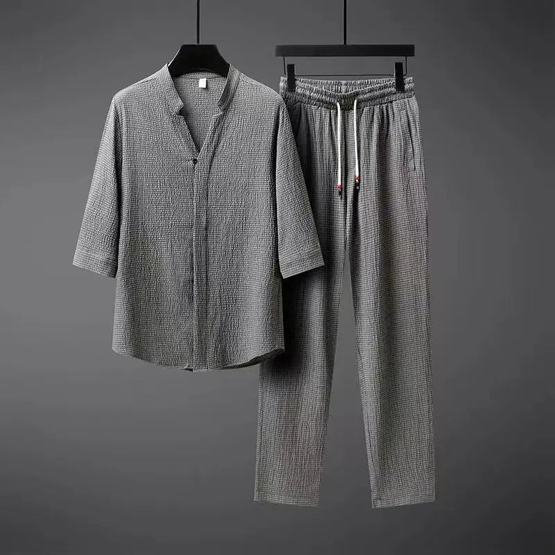 Conjunto de dos piezas de lino para hombre: camisa y pantalón, estilo desenfadado de verano