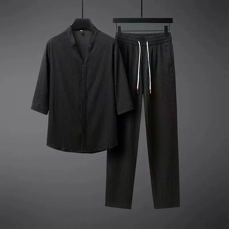 Conjunto de dos piezas de lino para hombre: camisa y pantalón, estilo desenfadado de verano