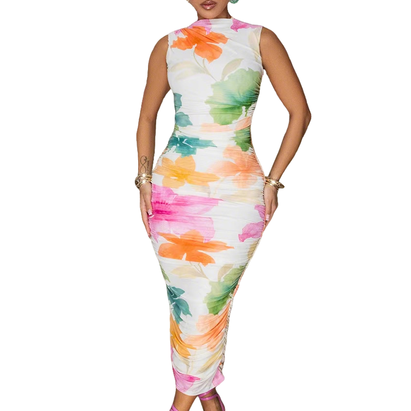 🌸 SOLO POR TIEMPO LIMITADO: ¡50 % DE DESCUENTO! 👗 Vestido midi sin mangas, ceñido y con estampado floral: escote alto, fruncido, confeccionado en tejido de malla elástico 🌹