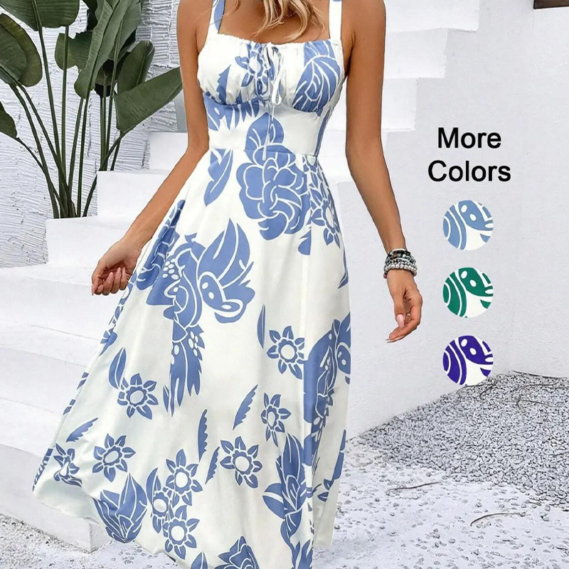 🌺 SOLO POR TIEMPO LIMITADO: ¡50 % DE DESCUENTO! 👗 Vestido de mujer con tirantes finos y estampado floral: espalda fruncida, corte en A, ligero 🌼