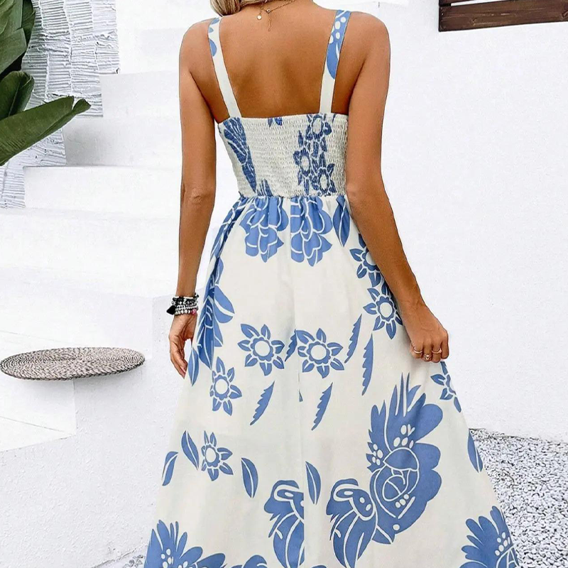 🌺 SOLO POR TIEMPO LIMITADO: ¡50 % DE DESCUENTO! 👗 Vestido de mujer con tirantes finos y estampado floral: espalda fruncida, corte en A, ligero 🌼
