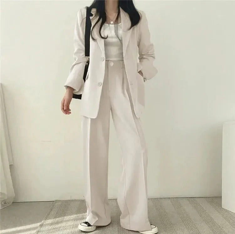 Conjunto de traje de mujer con blazer entallado y pantalones de pierna ancha