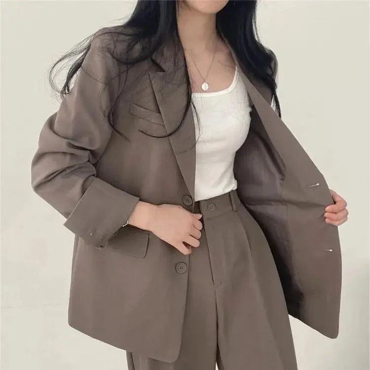 Conjunto de traje de mujer con blazer entallado y pantalones de pierna ancha
