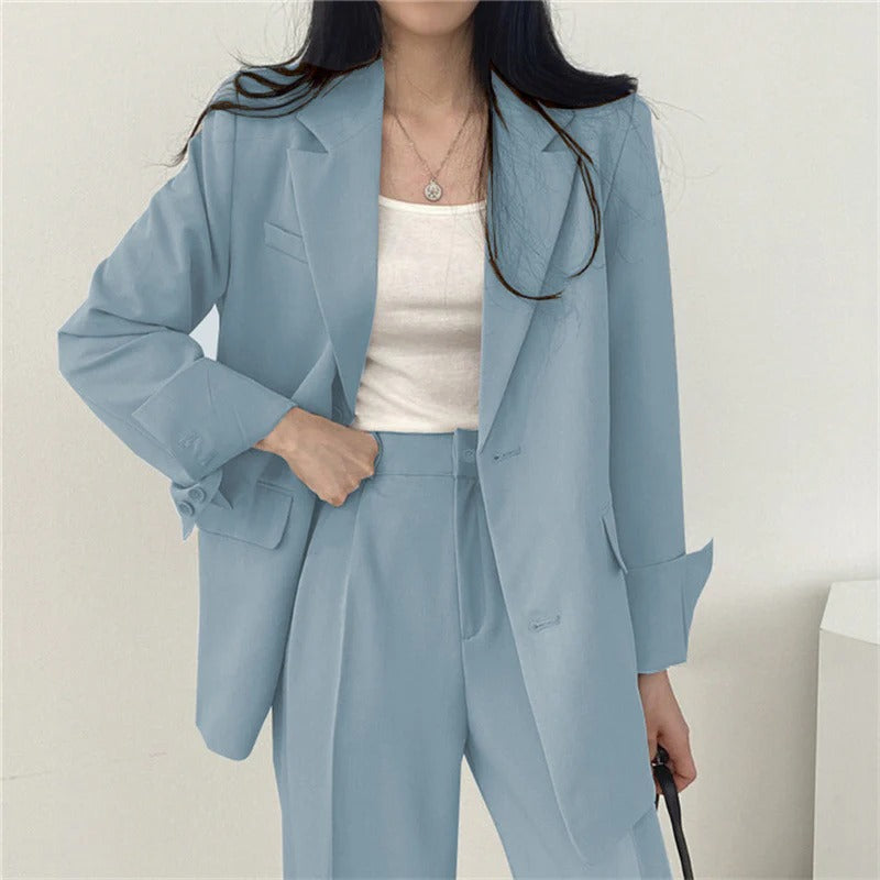 Conjunto de traje de mujer con blazer entallado y pantalones de pierna ancha