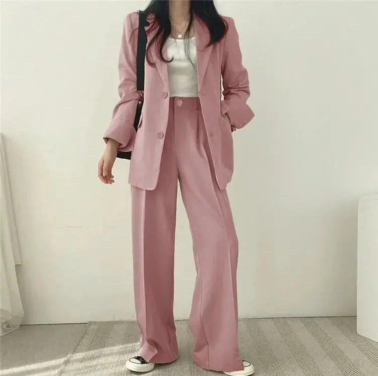 Conjunto de traje de mujer con blazer entallado y pantalones de pierna ancha