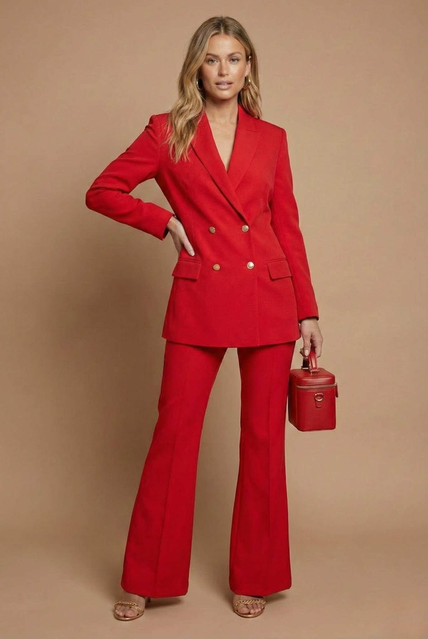 Conjunto de chaqueta cruzada y pantalón acampanado para mujer