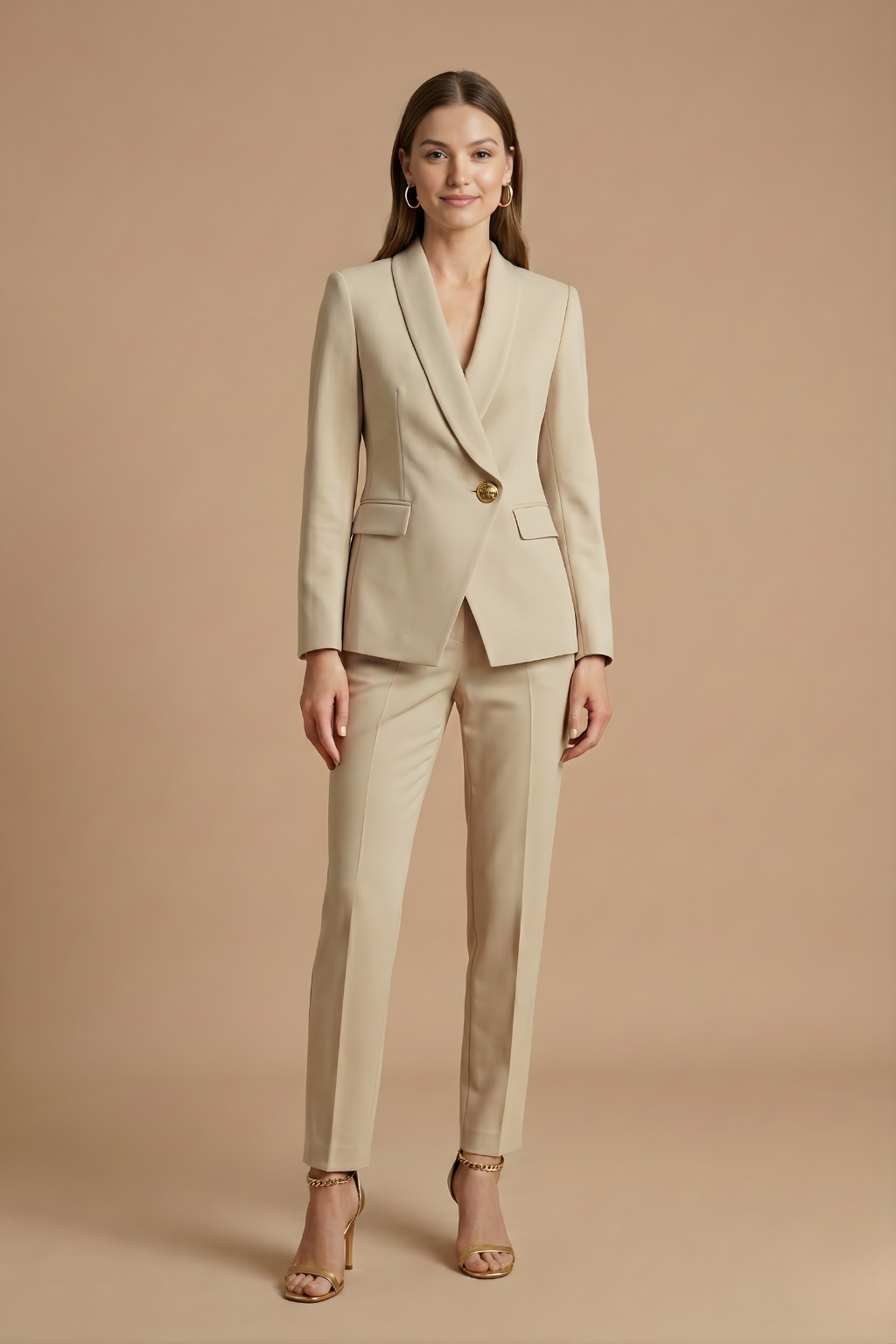 Conjunto de traje de mujer con chaqueta de solapas en forma de chal y pantalones de corte recto