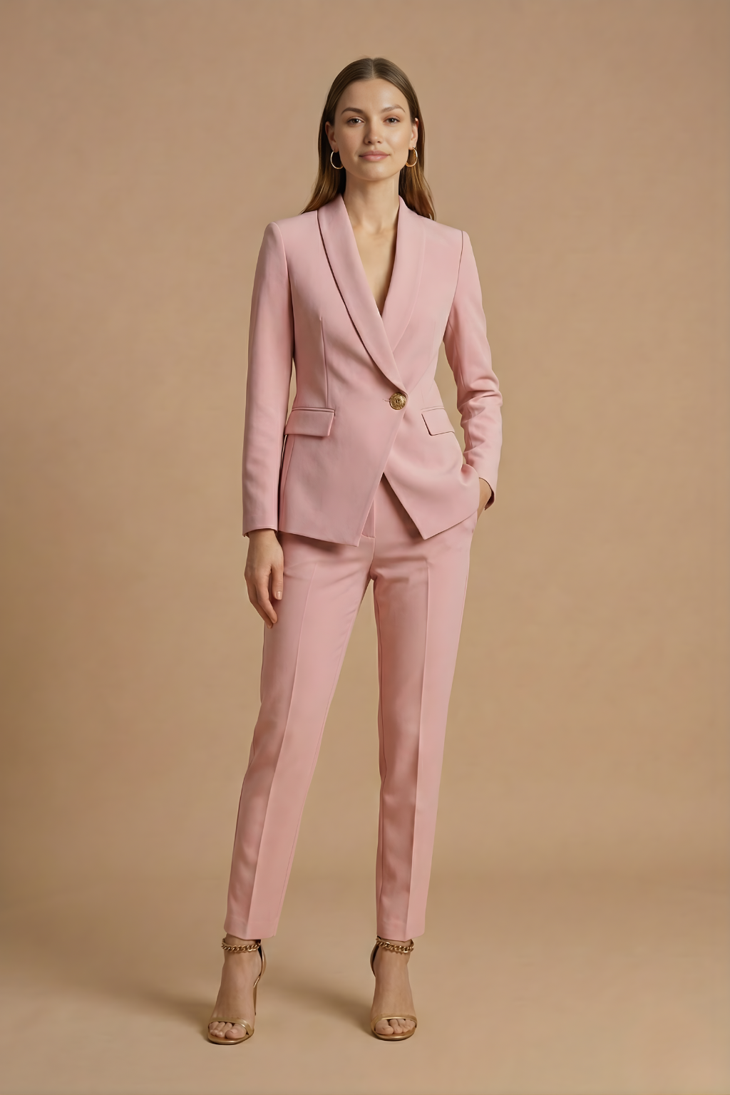 Conjunto de traje de mujer con chaqueta de solapas en forma de chal y pantalones de corte recto