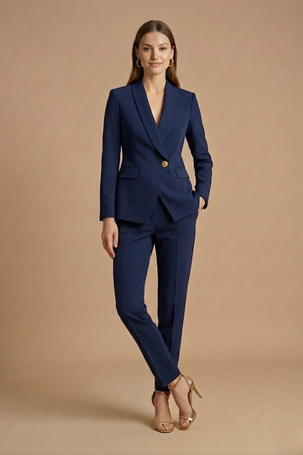 Conjunto de traje de mujer con chaqueta de solapas en forma de chal y pantalones de corte recto