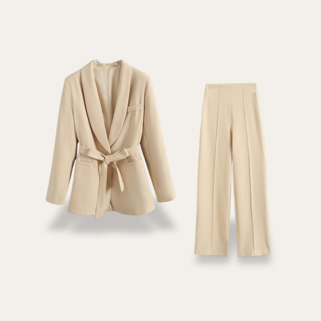 Conjunto de chaqueta con cinturón y pantalones de pierna ancha para mujer
