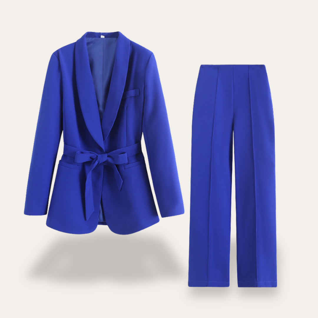 Conjunto de chaqueta con cinturón y pantalones de pierna ancha para mujer