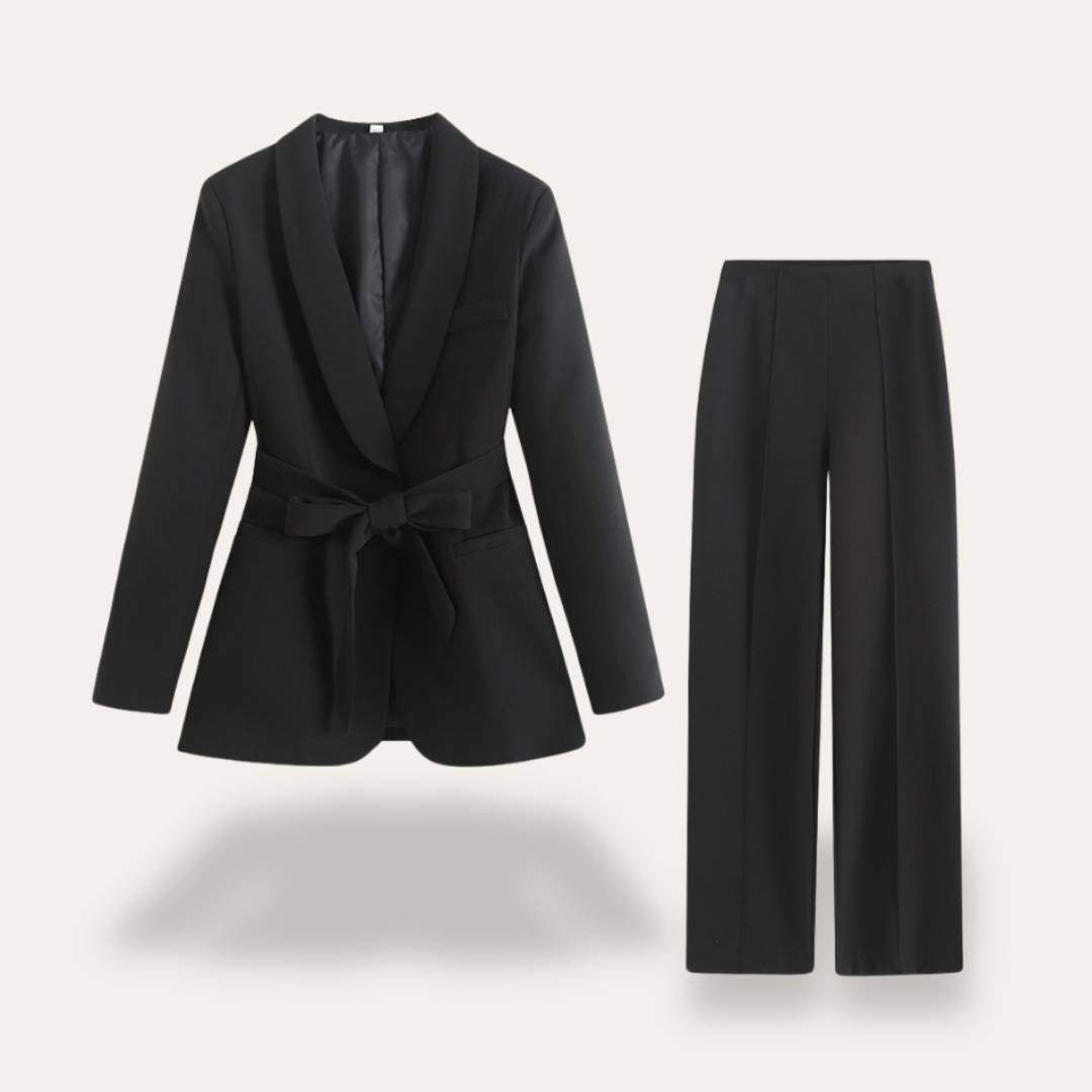 Conjunto de chaqueta con cinturón y pantalones de pierna ancha para mujer