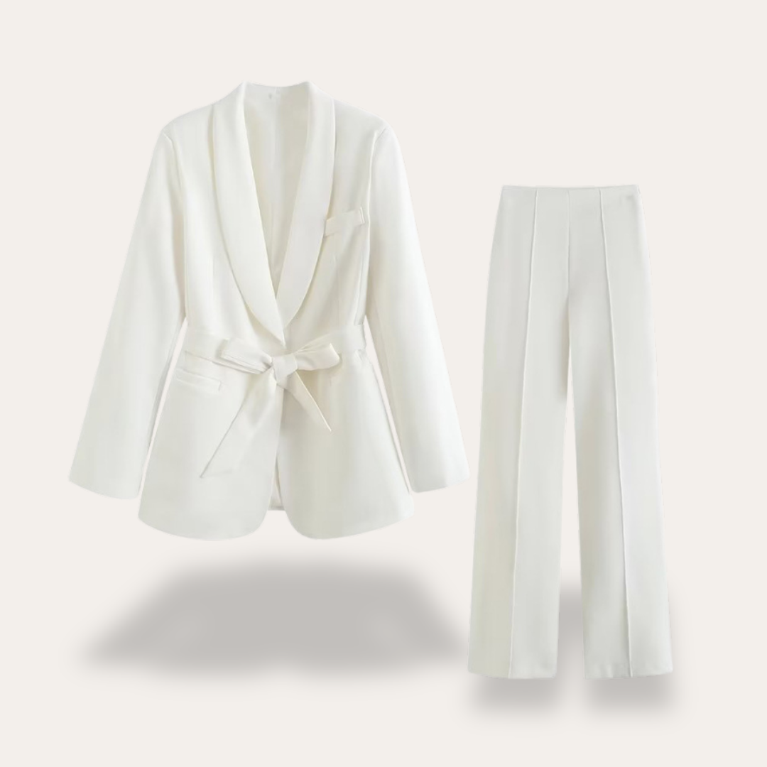 Conjunto de chaqueta con cinturón y pantalones de pierna ancha para mujer