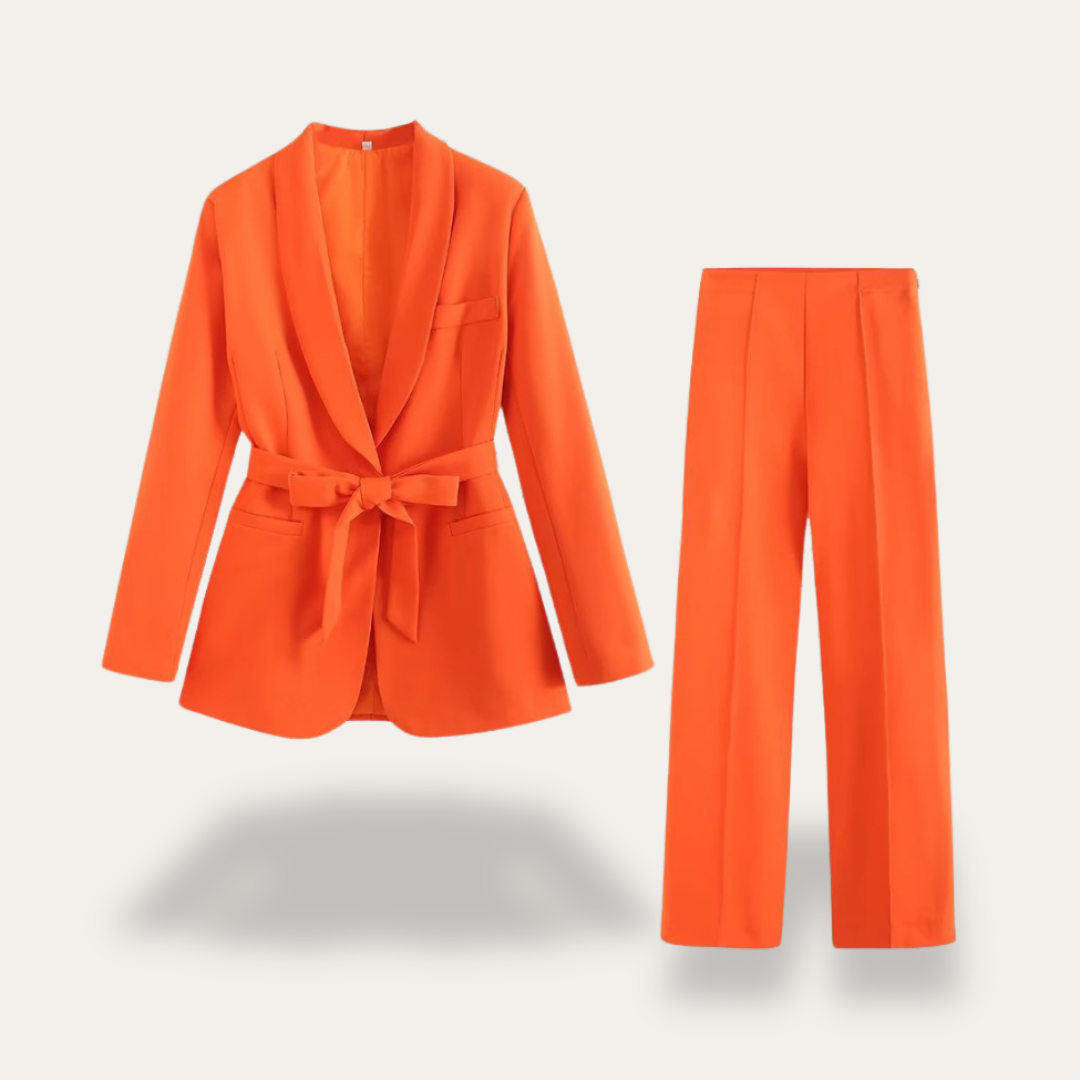 Conjunto de chaqueta con cinturón y pantalones de pierna ancha para mujer