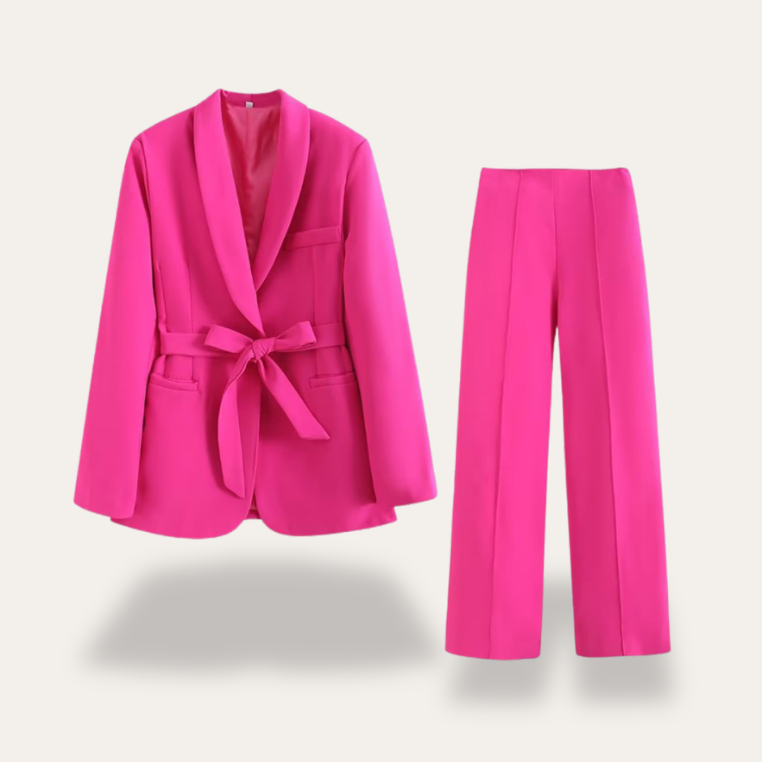 Conjunto de chaqueta con cinturón y pantalones de pierna ancha para mujer