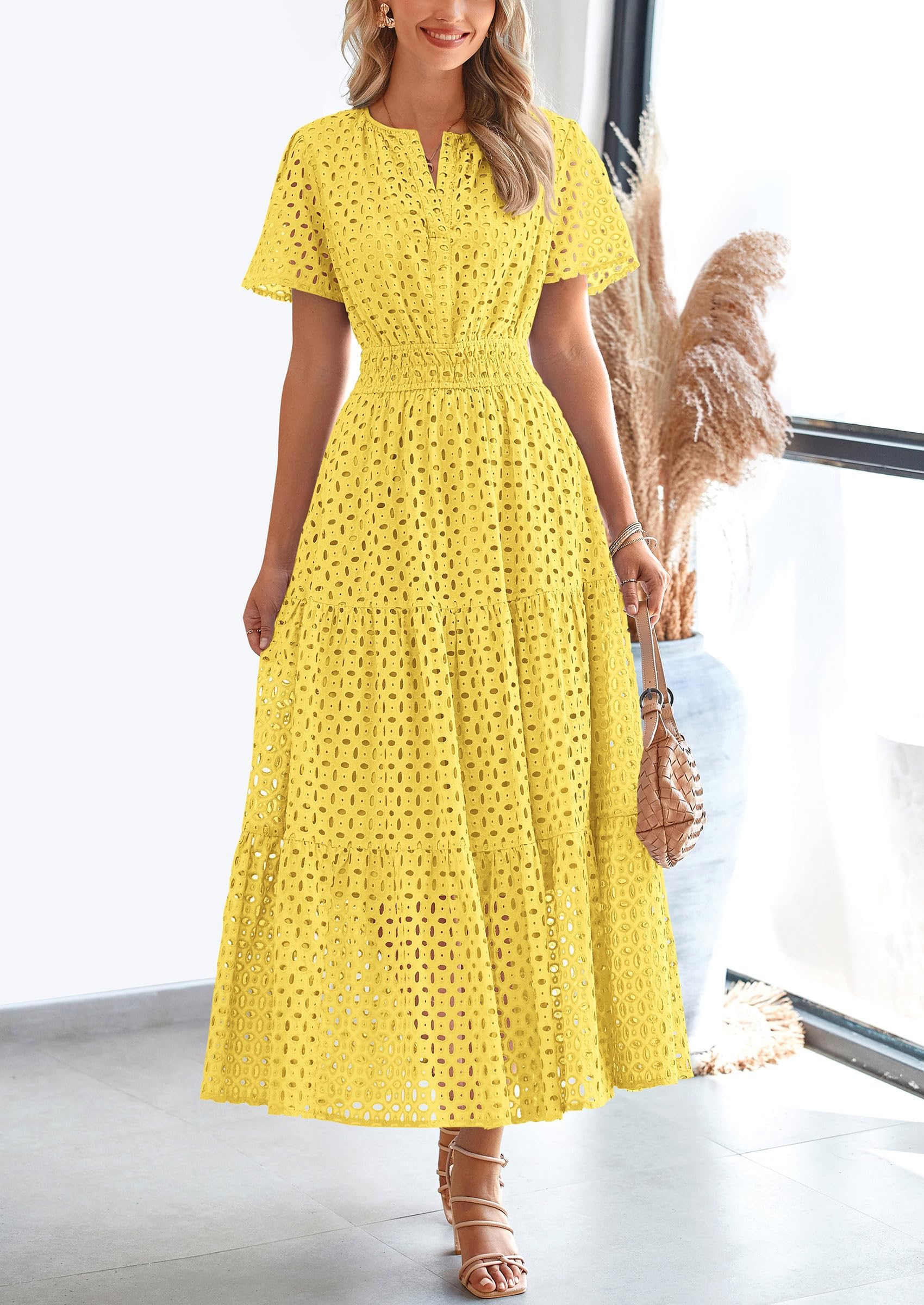 Vestido de verano de algodón con ojales para mujer, corte en A, ligero
