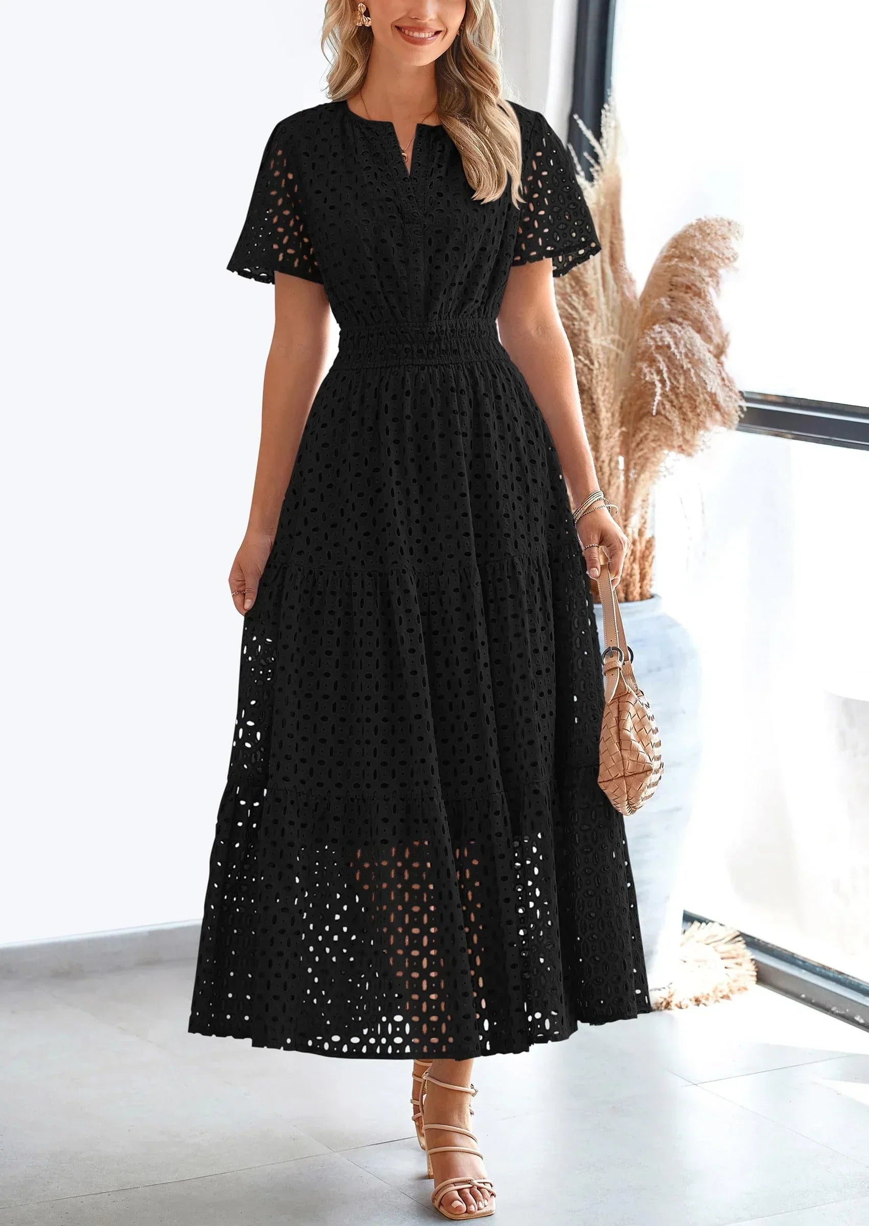 Vestido de verano de algodón con ojales para mujer, corte en A, ligero