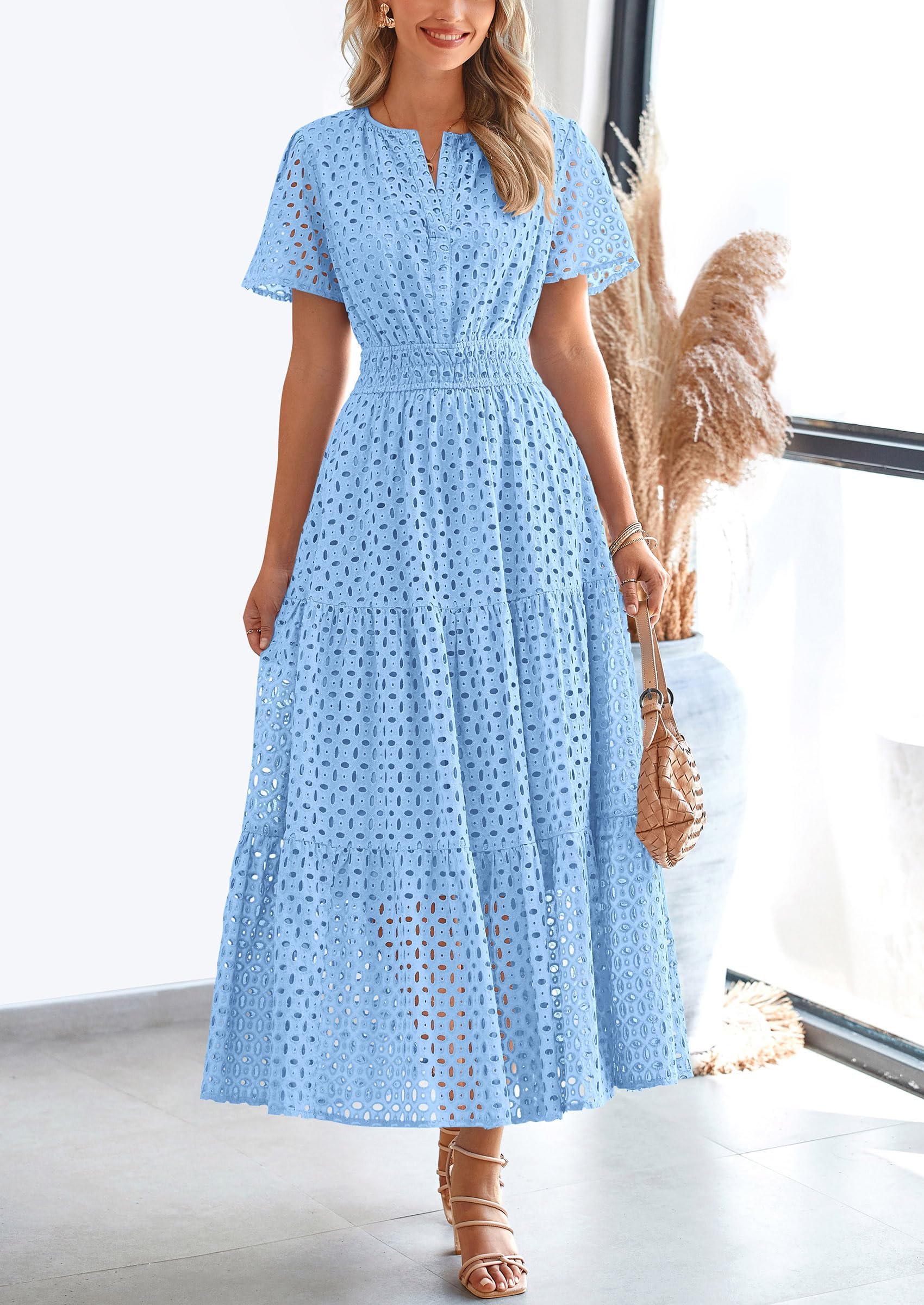 Vestido de verano de algodón con ojales para mujer, corte en A, ligero