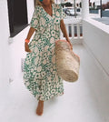 Vestido largo de mujer con estampado floral, cuello en V, manga corta y corte en A, elástico
