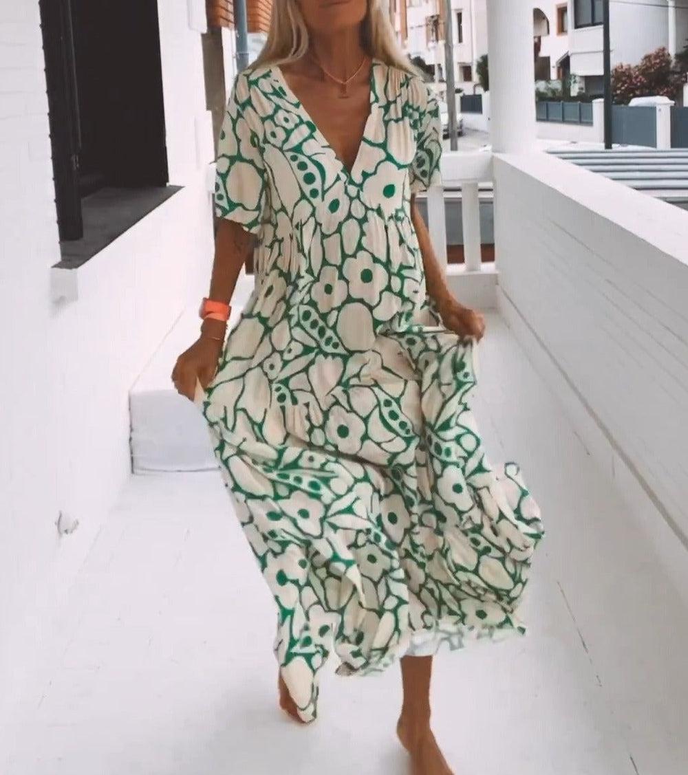 Vestido largo de mujer con estampado floral, cuello en V, manga corta y corte en A, elástico