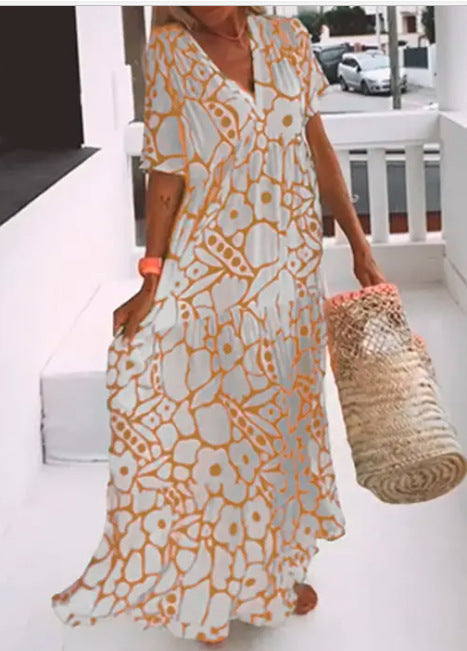 Vestido largo de mujer con estampado floral, cuello en V, manga corta y corte en A, elástico