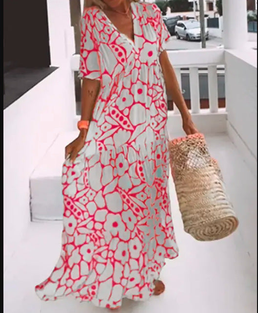 Vestido largo de mujer con estampado floral, cuello en V, manga corta y corte en A, elástico