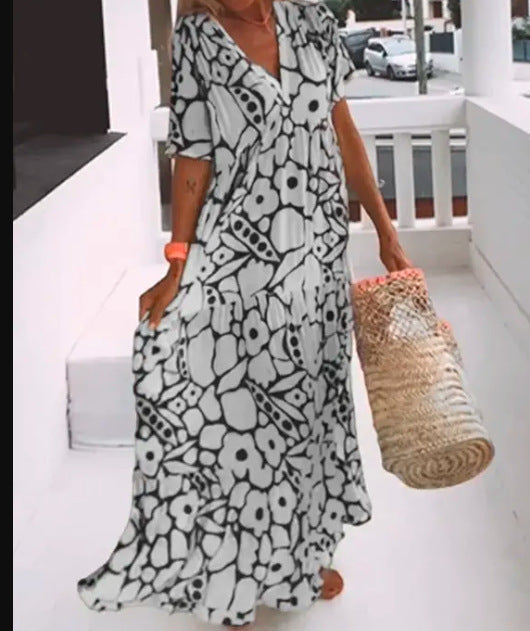 Vestido largo de mujer con estampado floral, cuello en V, manga corta y corte en A, elástico