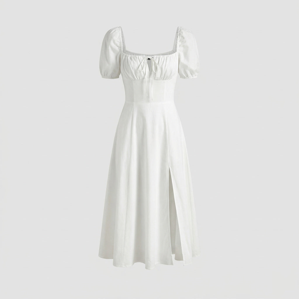 Vestido midi de mujer con mangas abullonadas y cuello cuadrado