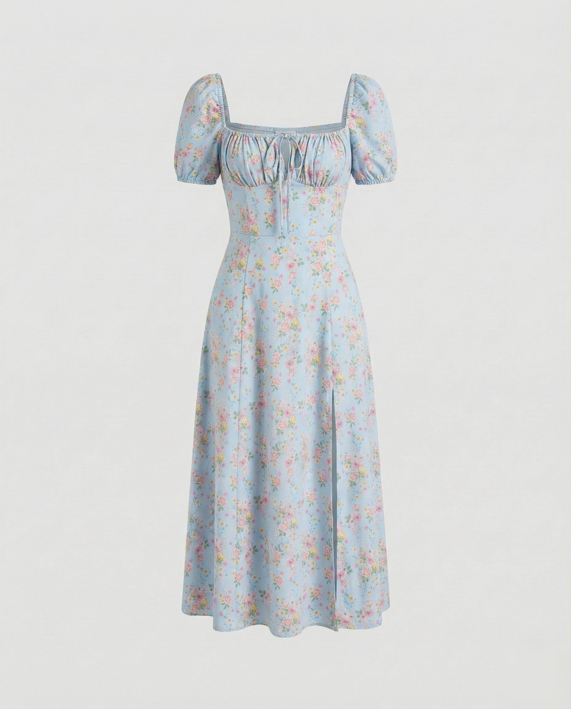 Vestido midi de mujer con mangas abullonadas y cuello cuadrado