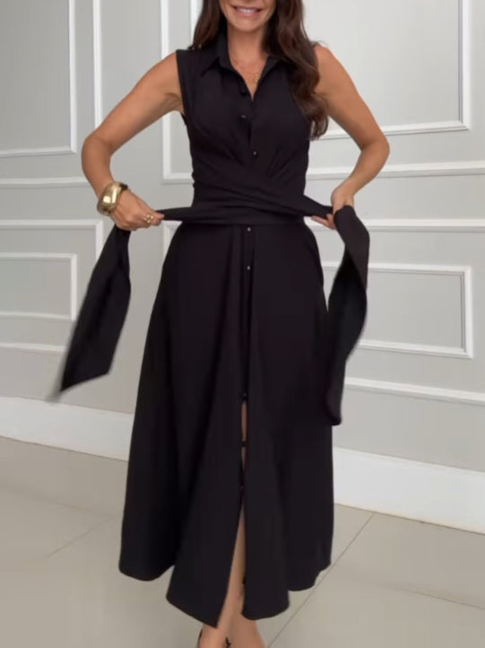 Vestido midi de mujer tipo camisa, con botones, cinturón en la cintura y sin mangas