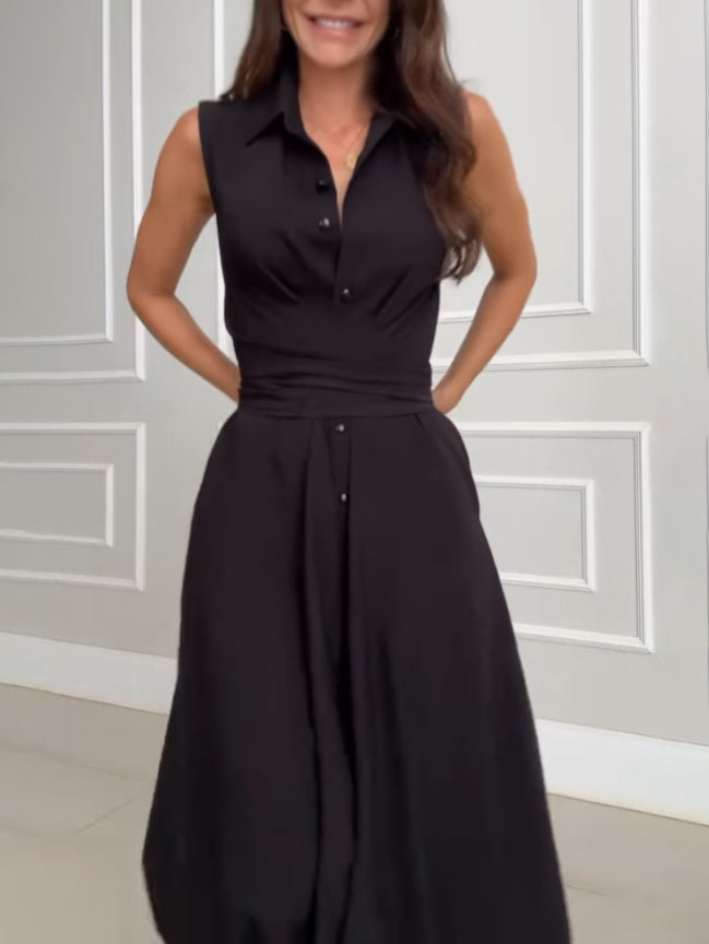 Vestido midi de mujer tipo camisa, con botones, cinturón en la cintura y sin mangas